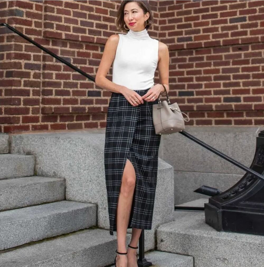 MM Lafleur Amara Midi Skirt 8 Black Plaid Academia Quiet Luxury Old Money Prep